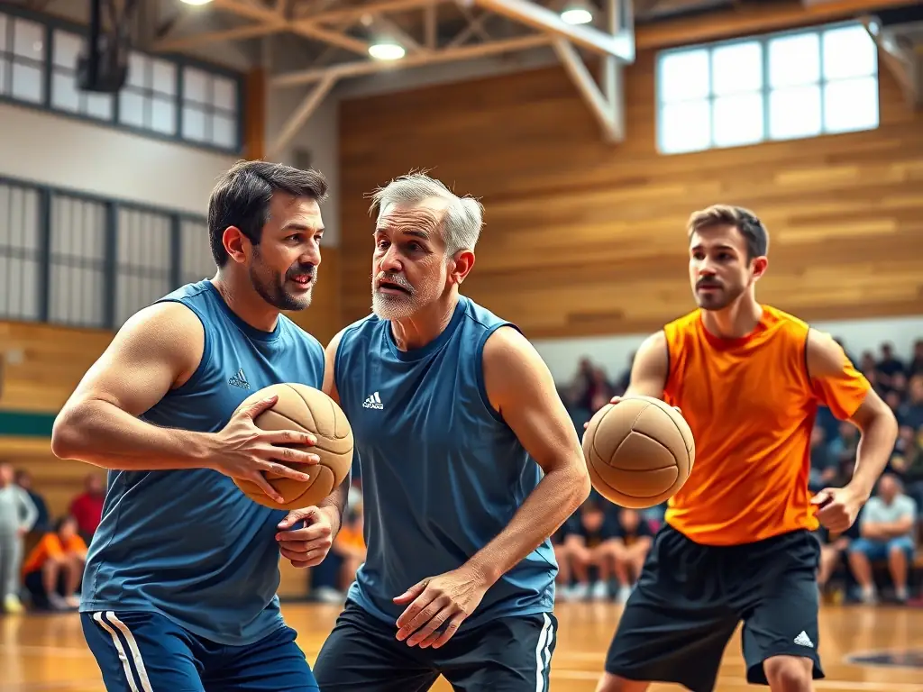 A vibrant image of adult players engaged in a friendly handball match, highlighting the camaraderie and fitness aspects of the sport.