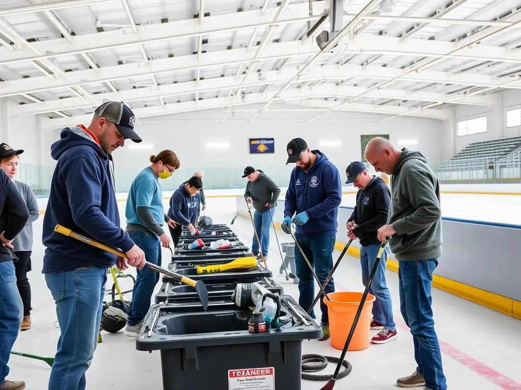 A photo of HCCA volunteers working to maintain and improve the ice hockey facilities in Clermont-Ferrand, highlighting the importance of facility upkeep for the community.