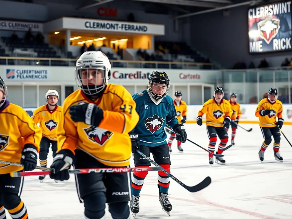 A vibrant image of young hockey players practicing on the ice at the Clermont-Ferrand ice rink, showcasing the energy and enthusiasm of youth hockey development programs supported by HCCA donations.