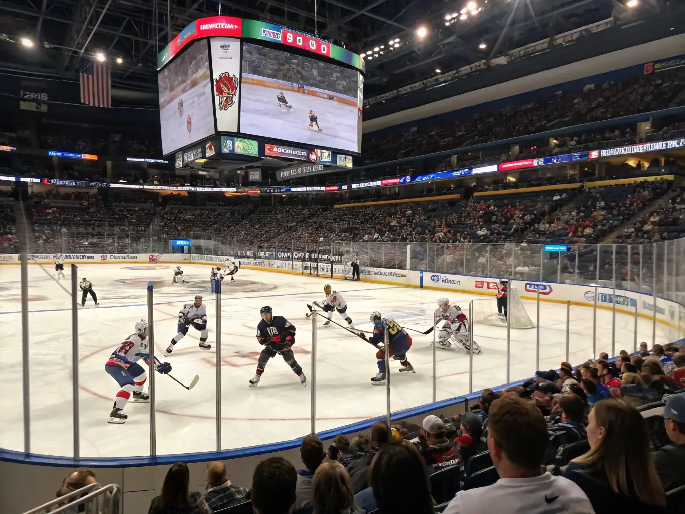 A dynamic shot of HCCA players in action during a competitive ice hockey game, emphasizing the role of donations in supporting team activities and promoting the sport.
