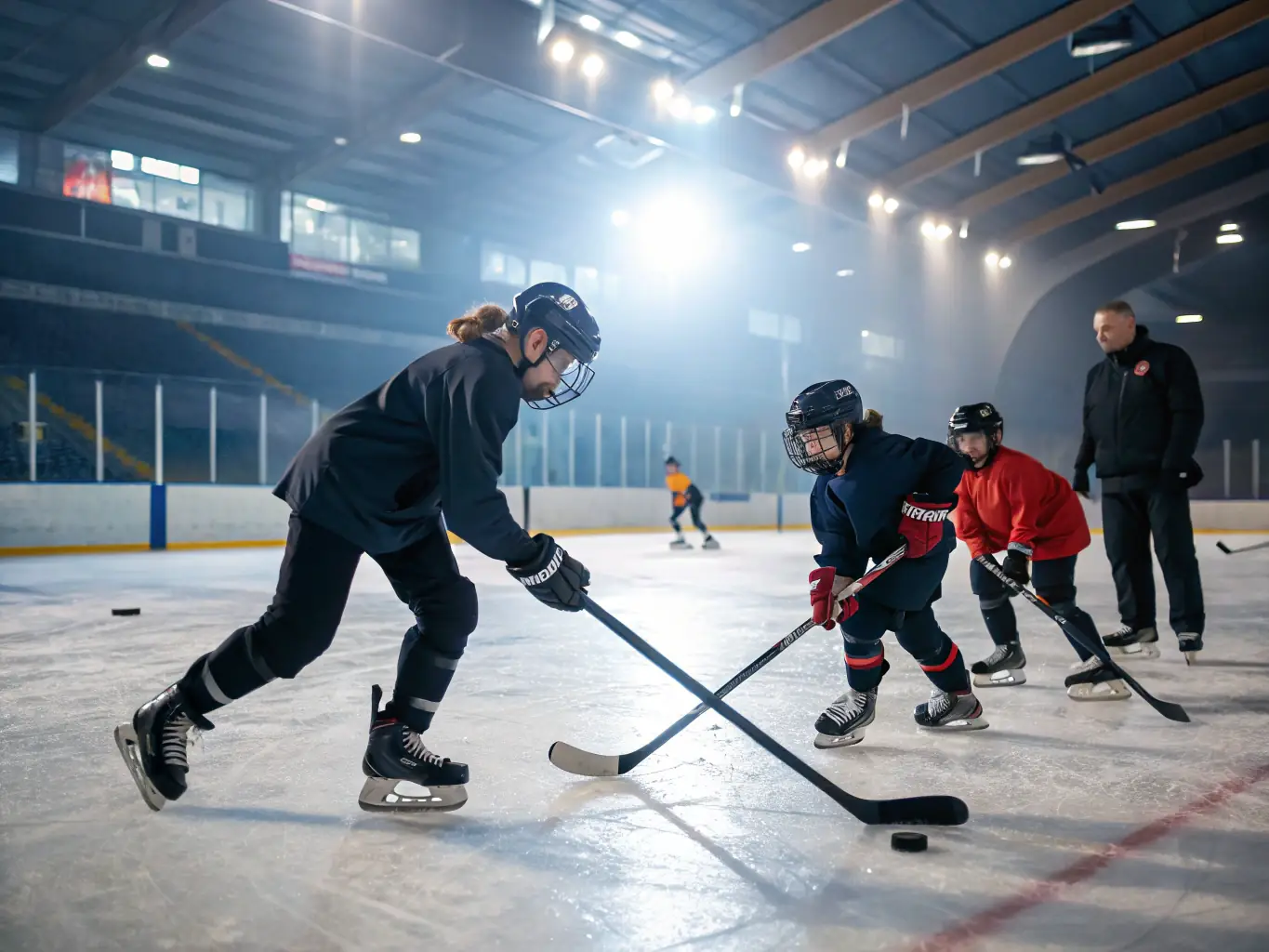 A vibrant image of young hockey players in action during a training session, showcasing their skills and teamwork on the ice.
